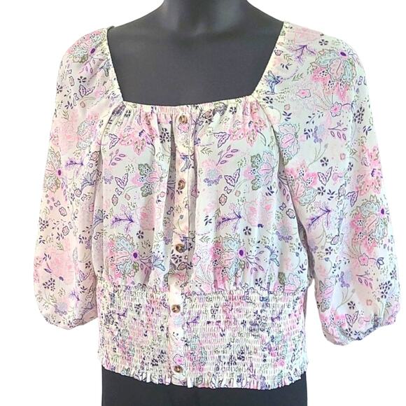 Excellent No Boundaries XXL Boho Floral Peasant Blouse 3/4 Sleeve Juniors Top - Picture 6 of 7